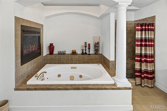 6517 Augies Way Pl, Millstadt, IL 62260 - full bath with decorative columns, a whirlpool tub, a fireplace, and a tile shower