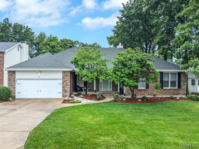 15 Eagles Way Ln, Lake St Louis, MO 63367 - view of front of property featuring brick siding, a garage, a front yard, driveway, and a shingled roof