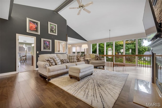 15 Eagles Way Ln, Lake St Louis, MO 63367 - living room with high vaulted ceiling, ceiling fan, a chandelier, beamed ceiling, and wood finished floors