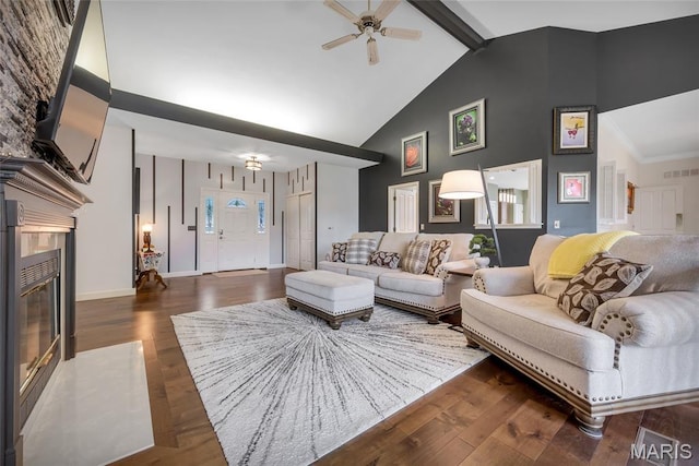 15 Eagles Way Ln, Lake St Louis, MO 63367 - living room with a premium fireplace, a ceiling fan, wood finished floors, high vaulted ceiling, and beam ceiling