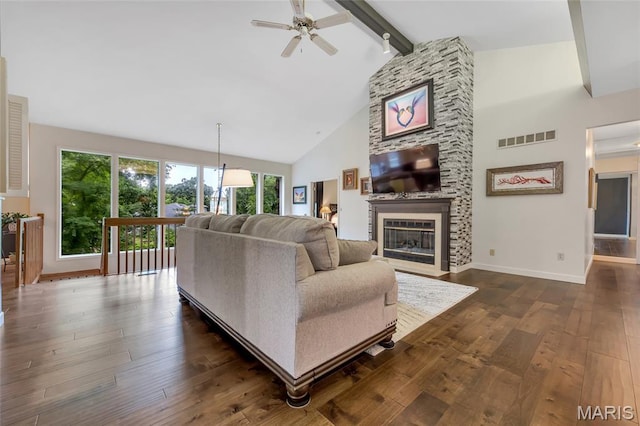 15 Eagles Way Ln, Lake St Louis, MO 63367 - living room with plenty of natural light, beam ceiling, ceiling fan, high vaulted ceiling, and dark wood-style floors