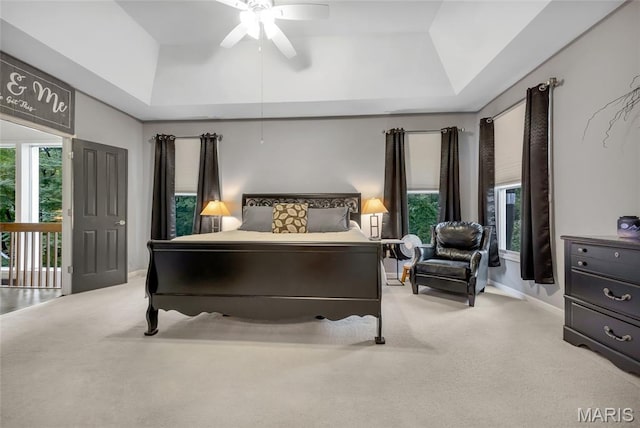 15 Eagles Way Ln, Lake St Louis, MO 63367 - carpeted bedroom with a tray ceiling and a ceiling fan