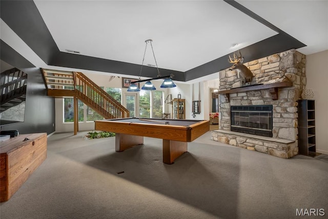 15 Eagles Way Ln, Lake St Louis, MO 63367 - recreation room with carpet floors, billiards, and a stone fireplace