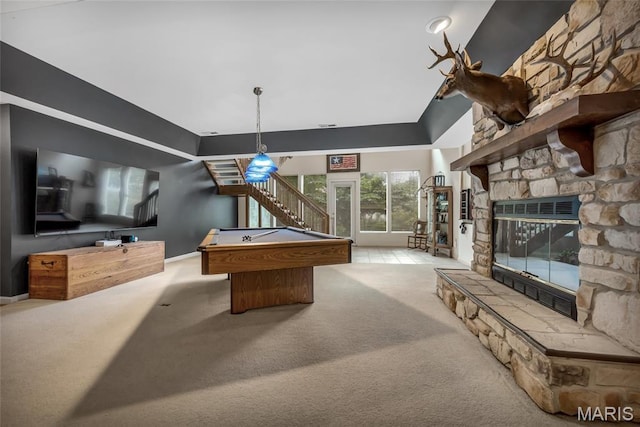15 Eagles Way Ln, Lake St Louis, MO 63367 - recreation room featuring carpet, pool table, and a fireplace