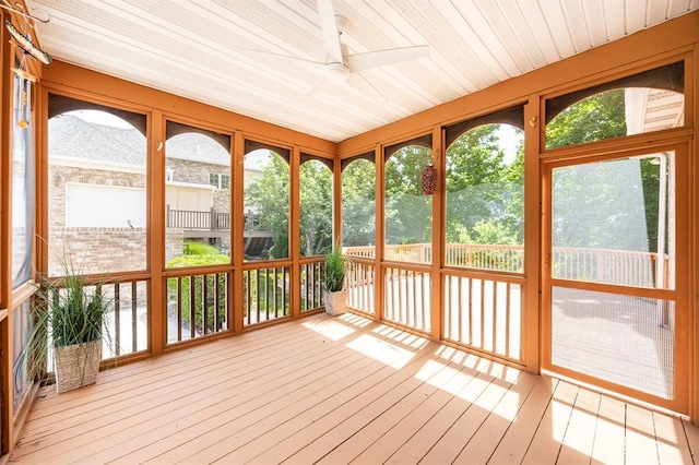 3 Wedgewood Ct, Edwardsville, IL 62025 - unfurnished sunroom with a ceiling fan, a deck, and wood-type flooring