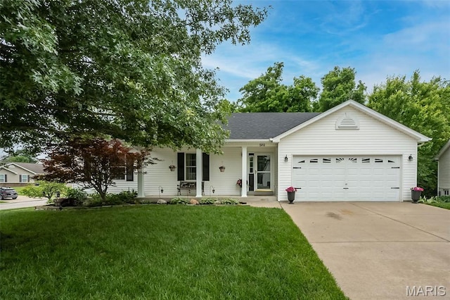 3414 Bedford Falls Dr, Wentzville, MO 63385 - ranch-style home featuring an attached garage, concrete driveway, a front yard, a porch, and roof with shingles