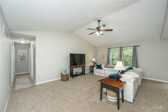 3414 Bedford Falls Dr, Wentzville, MO 63385 - living room featuring vaulted ceiling, a ceiling fan, carpet, and baseboards