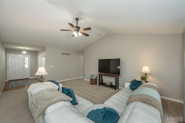 3414 Bedford Falls Dr, Wentzville, MO 63385 - living area with baseboards, a ceiling fan, carpet flooring, and lofted ceiling