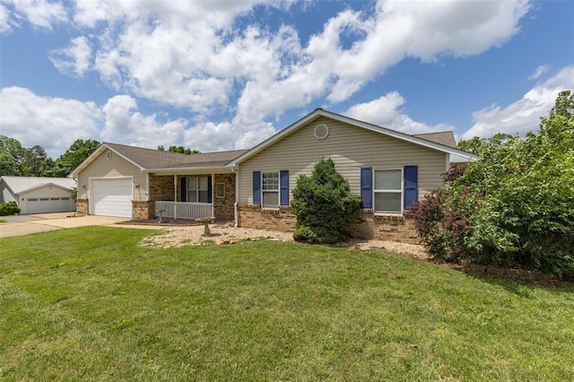 1111 Bluffview Dr, Desloge, MO 63628 - ranch-style house featuring driveway, brick siding, a front yard, and a garage