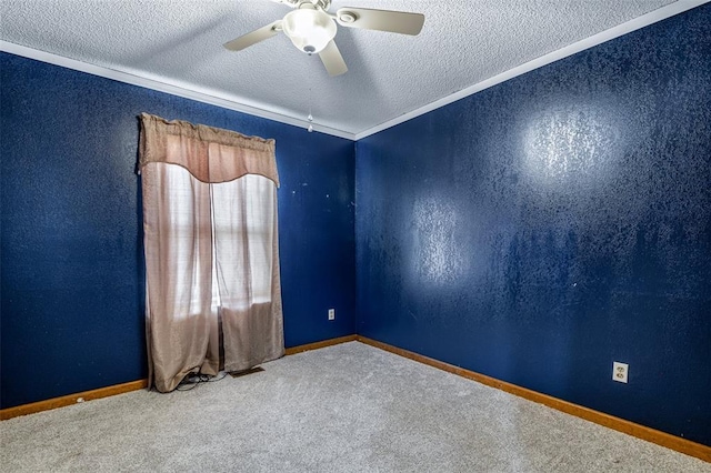 1111 Bluffview Dr, Desloge, MO 63628 - carpeted empty room with a textured ceiling, ceiling fan, baseboards, crown molding, and a textured wall