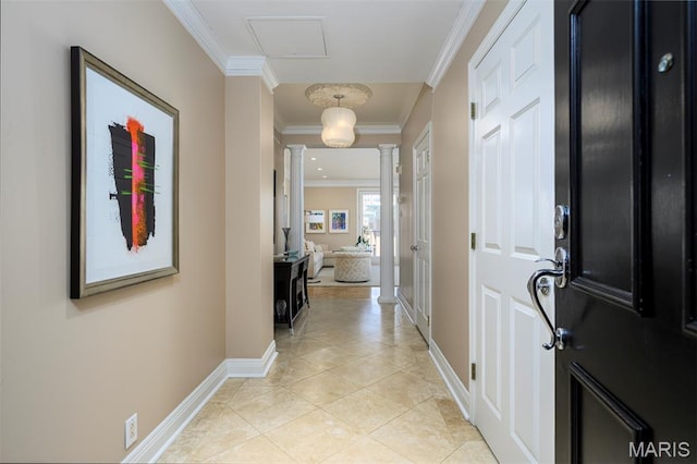 816 S Hanley Rd Unit 8C, Saint Louis, MO 63105 - hallway with ornate columns, crown molding, and light tile patterned flooring