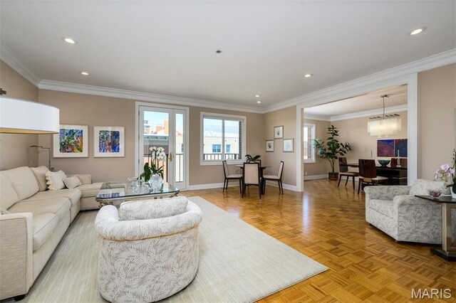816 S Hanley Rd Unit 8C, Saint Louis, MO 63105 - living area featuring ornamental molding, recessed lighting, and a chandelier