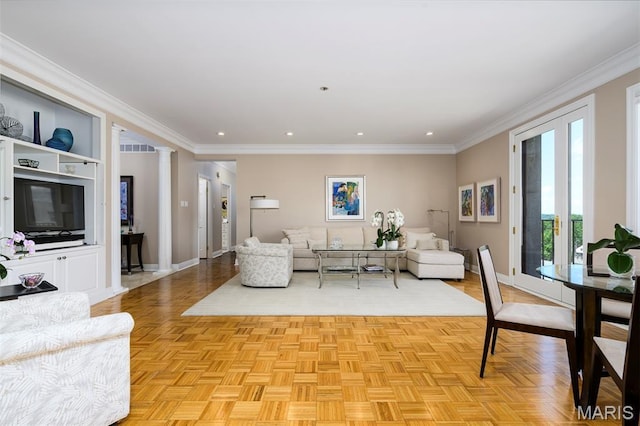 816 S Hanley Rd Unit 8C, Saint Louis, MO 63105 - living area featuring recessed lighting, crown molding, and ornate columns