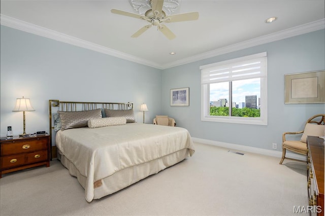 816 S Hanley Rd Unit 8C, Saint Louis, MO 63105 - bedroom with crown molding, light colored carpet, ceiling fan, and recessed lighting