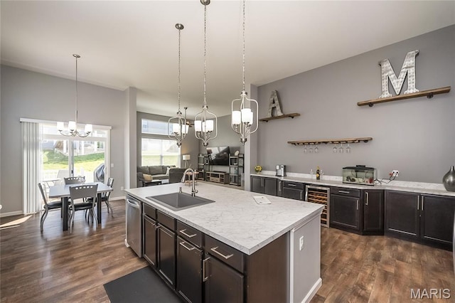 1510 Kennabrooke Ct, Saint Louis, MO 63146 - kitchen featuring a chandelier, open shelves, beverage cooler, stainless steel dishwasher, and dark wood finished floors