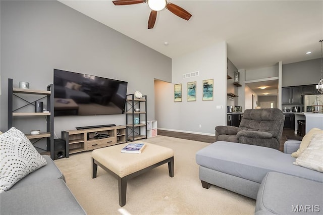 1510 Kennabrooke Ct, Saint Louis, MO 63146 - living room featuring ceiling fan and high vaulted ceiling