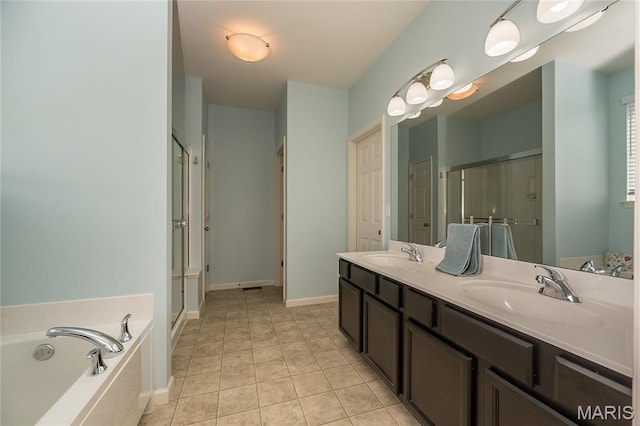 1510 Kennabrooke Ct, Saint Louis, MO 63146 - full bathroom featuring double vanity, a stall shower, a garden tub, and tile patterned flooring