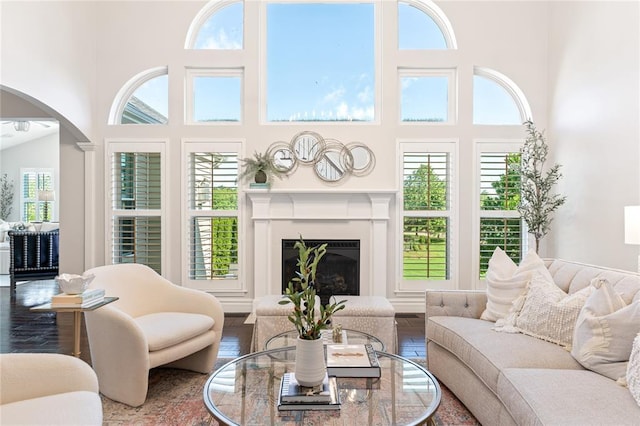 5360 Tower Hill Ct, Weldon Spring, MO 63304 - living room featuring a high ceiling, wood finished floors, arched walkways, and a fireplace