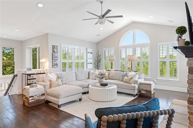 5360 Tower Hill Ct, Weldon Spring, MO 63304 - living room with a ceiling fan, hardwood / wood-style floors, lofted ceiling, and recessed lighting
