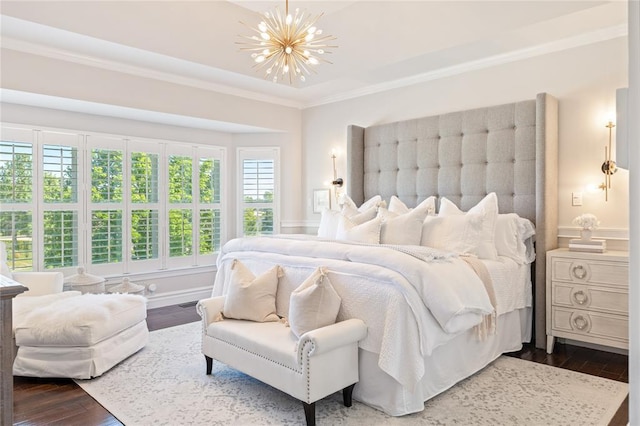 5360 Tower Hill Ct, Weldon Spring, MO 63304 - bedroom with a chandelier, ornamental molding, and dark wood-style flooring