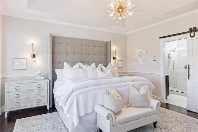 5360 Tower Hill Ct, Weldon Spring, MO 63304 - bedroom featuring a chandelier, dark wood finished floors, ornamental molding, a tray ceiling, and ensuite bath