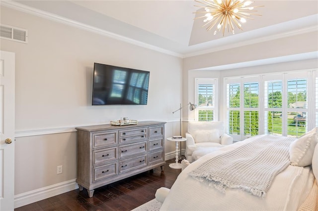 5360 Tower Hill Ct, Weldon Spring, MO 63304 - bedroom with a chandelier, dark wood-style flooring, baseboards, and crown molding