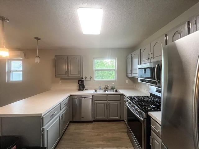 408 E Monroe St, Paris, MO 65275 - kitchen featuring stainless steel appliances, gray cabinetry, a sink, a peninsula, and wood finished floors