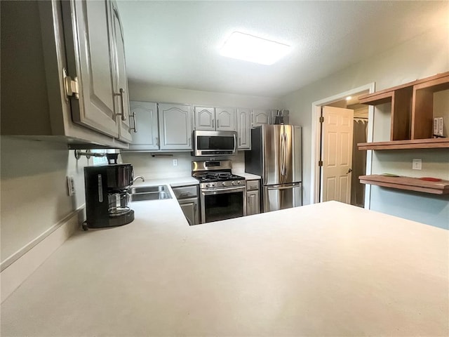 408 E Monroe St, Paris, MO 65275 - kitchen with appliances with stainless steel finishes, a sink, gray cabinetry, and light countertops