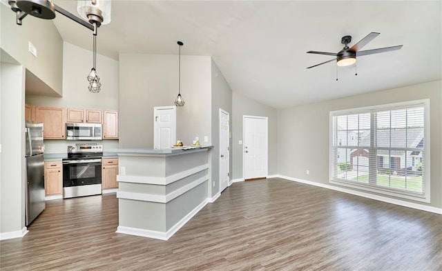 630 Homerun Dr Unit 12N, Ofallon, MO 63366 - kitchen with appliances with stainless steel finishes, open floor plan, light brown cabinetry, and high vaulted ceiling