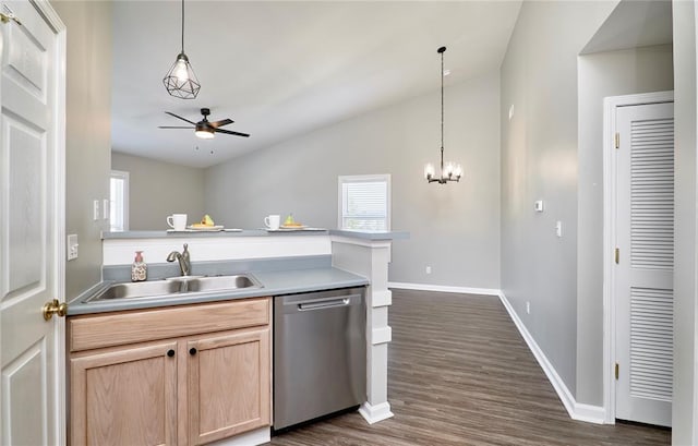 630 Homerun Dr Unit 12N, Ofallon, MO 63366 - kitchen featuring stainless steel dishwasher, a sink, light brown cabinets, ceiling fan, and baseboards