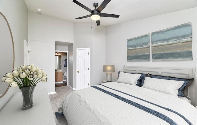 630 Homerun Dr Unit 12N, Ofallon, MO 63366 - carpeted bedroom with baseboards, high vaulted ceiling, ensuite bathroom, and a ceiling fan