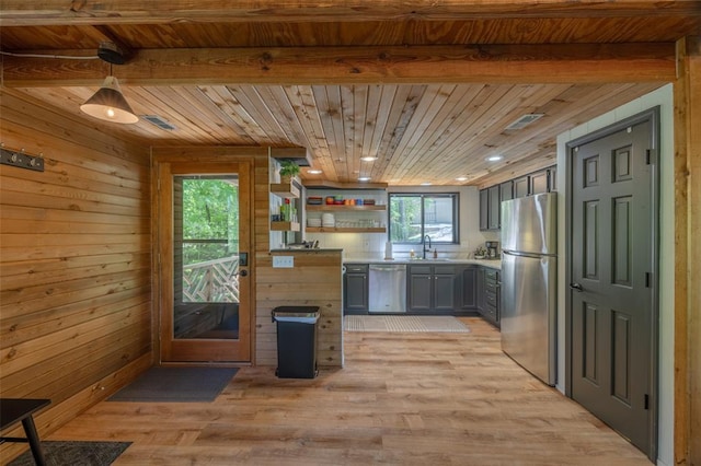 2349 Trautwein Dr, Innsbrook, MO 63390 - kitchen featuring stainless steel appliances, gray cabinetry, a sink, open shelves, and light countertops