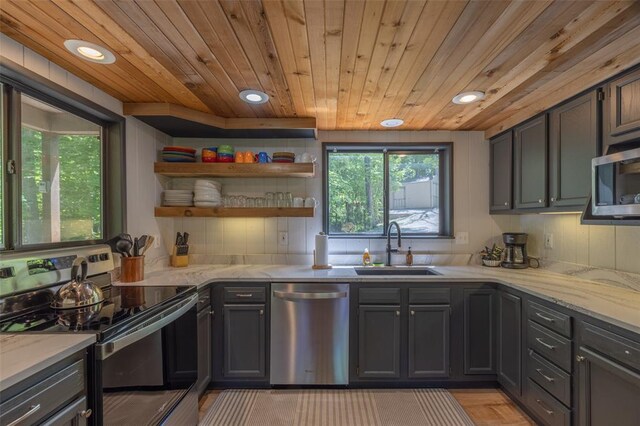 2349 Trautwein Dr, Innsbrook, MO 63390 - kitchen featuring stainless steel appliances, a sink, wooden ceiling, recessed lighting, and light stone counters