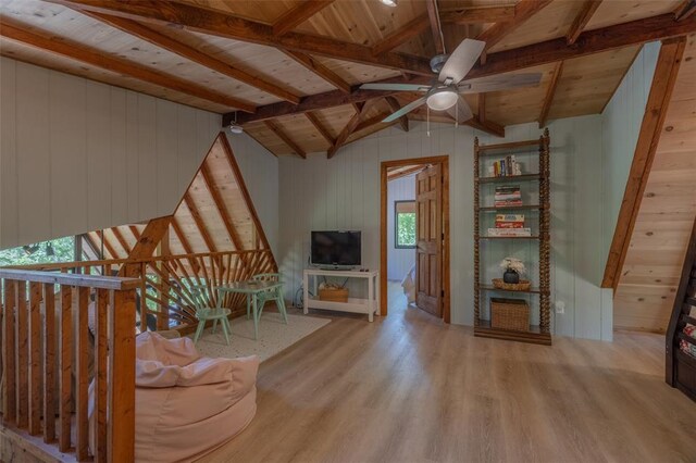 2349 Trautwein Dr, Innsbrook, MO 63390 - living room featuring a ceiling fan, wood finished floors, wooden walls, and wood ceiling