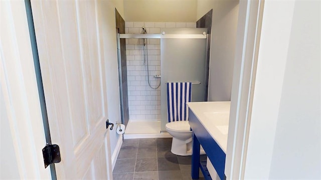1107 N 2nd St, Saint Charles, MO 63301 - bathroom featuring a stall shower, toilet, vanity, and tile patterned floors