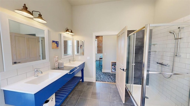 1107 N 2nd St, Saint Charles, MO 63301 - full bath featuring double vanity, a stall shower, tile patterned flooring, and baseboards