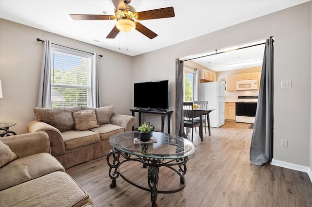 100 Jubilee Hill Dr Unit G, Wildwood, MO 63040 - living room with light wood finished floors, a ceiling fan, and baseboards