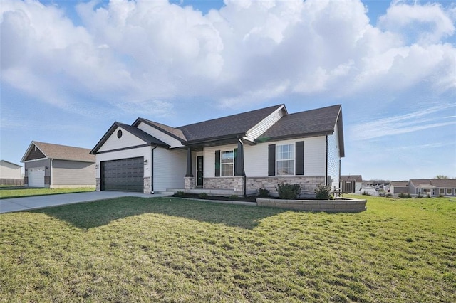917 Gimli Ln, Wright City, MO 63390 - view of front of property with stone siding, a garage, concrete driveway, and a front lawn