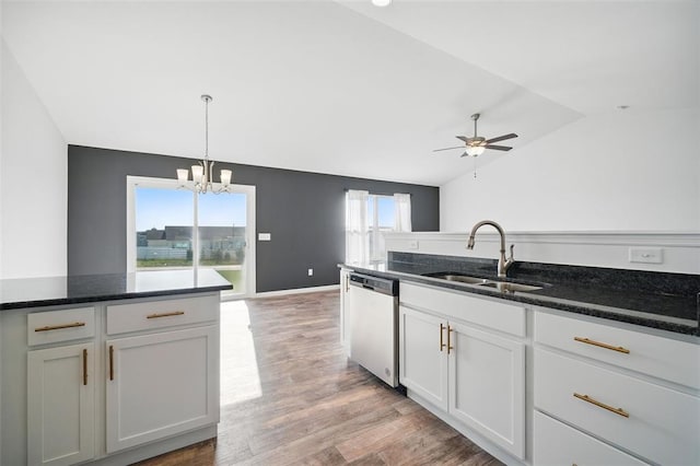 917 Gimli Ln, Wright City, MO 63390 - kitchen with dishwasher, a sink, lofted ceiling, a chandelier, and a ceiling fan