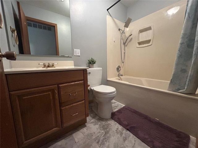 2 Graham Dr, Union, MO 63084 - full bath featuring shower / tub combo with curtain, marble look tiles, vanity, and toilet