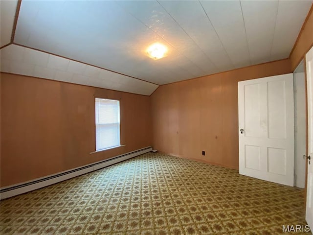 405 W 18th St, Hermann, MO 65041 - bonus room featuring baseboard heating, lofted ceiling, and wood walls