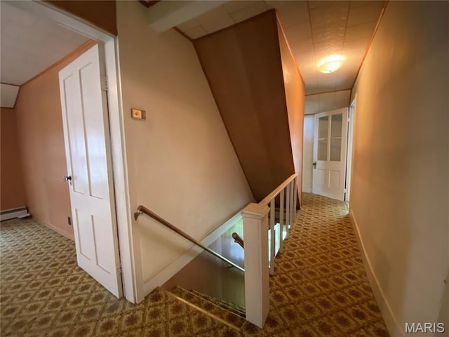 405 W 18th St, Hermann, MO 65041 - hall featuring an upstairs landing, carpet, baseboards, and baseboard heating