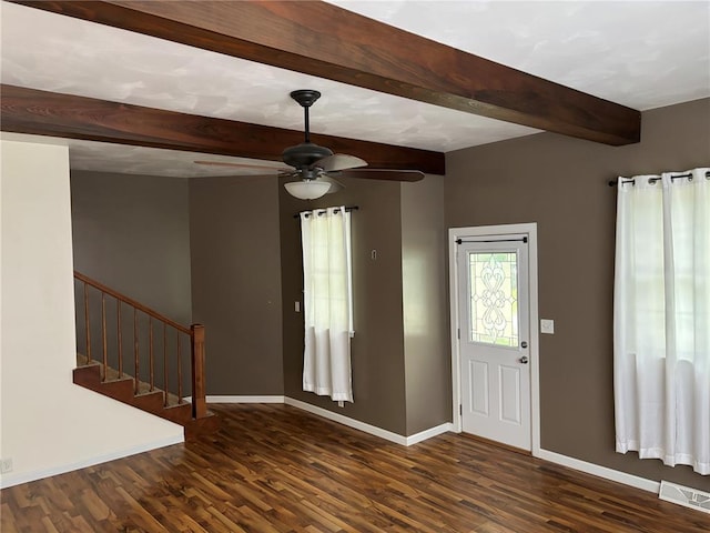 603 Capps Ave, Nokomis, IL 62075 - entryway featuring baseboards, ceiling fan, wood finished floors, beamed ceiling, and stairway