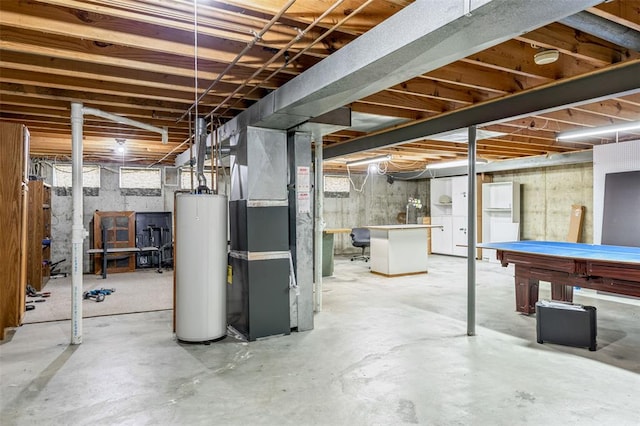 1101 Claycrest Dr, Cottleville Township, MO 63304 - unfinished basement with gas water heater, heating unit, and billiards table