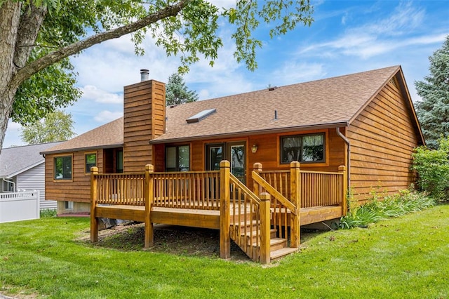 1101 Claycrest Dr, Cottleville Township, MO 63304 - rear view of house featuring a shingled roof, a wooden deck, a chimney, and a yard