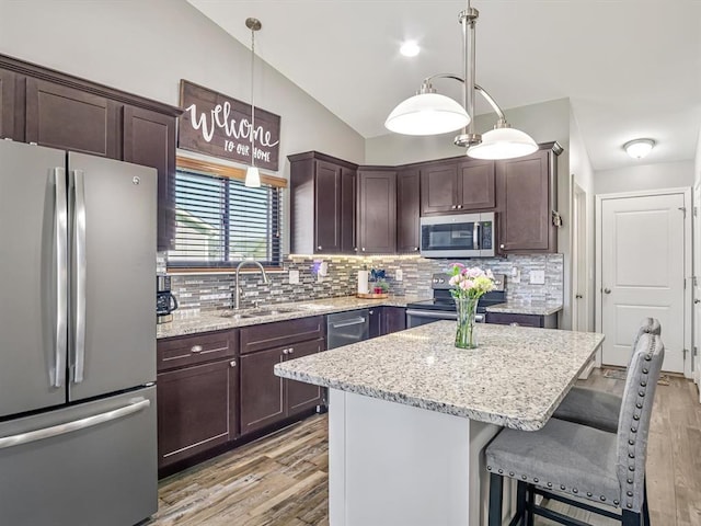 726 Pheasant Run, Waterloo, IL 62298 - kitchen featuring appliances with stainless steel finishes, a sink, light wood finished floors, dark brown cabinetry, and lofted ceiling