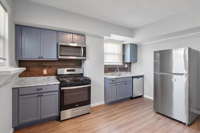 3903 Schiller Pl, Saint Louis, MO 63116 - kitchen featuring stainless steel appliances, a sink, tasteful backsplash, light wood-type flooring, and gray cabinetry
