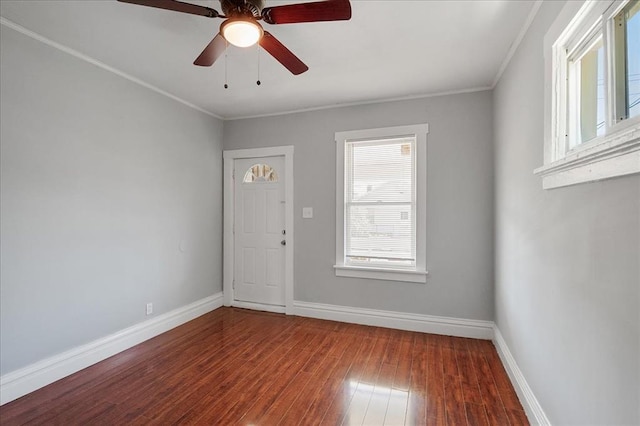 3903 Schiller Pl, Saint Louis, MO 63116 - unfurnished room featuring hardwood / wood-style floors, baseboards, ornamental molding, and a ceiling fan