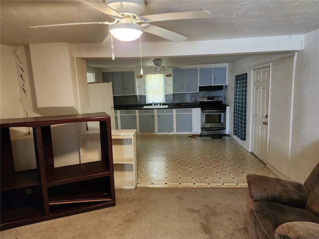 10809 Wayne Route Ff, Patterson, MO 63956 - kitchen with gas range, open shelves, a sink, dark countertops, and a ceiling fan