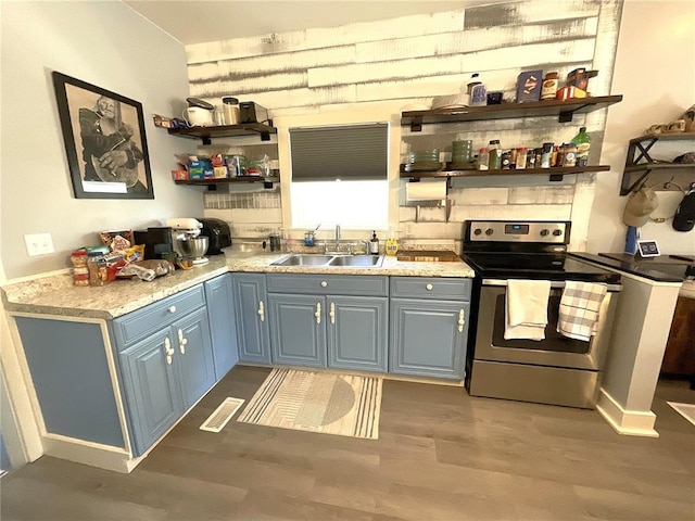 1509 Booker St, Hannibal, MO 63401 - kitchen featuring stainless steel electric range, open shelves, wood finished floors, and a sink